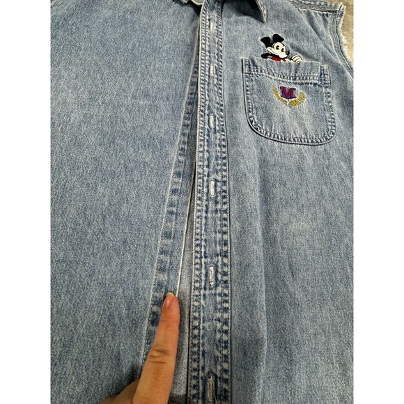 Vtg The Disney Store Mickey Mouse Denim Sleeveless Button-Up Shirt S * Flaw - Picture 3 of 11